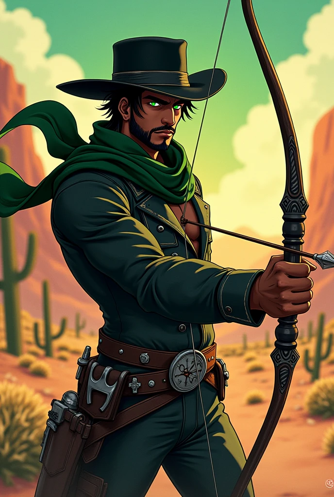 An anime character: a man with dark skin, black hair and green eyes, He is also sporting a short beard.
He wears a black cowboy outfit with green details, including a hat and a long, black scarf.
Ao fundo, a desert of the old Wild West.
He is holding a bow and arrow in attack position.