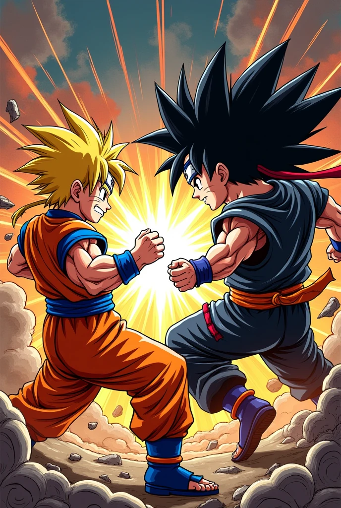 Create an image of Goku and Naruto fighting Majin Boo and Madara in a comic book style as a tattoo decal.