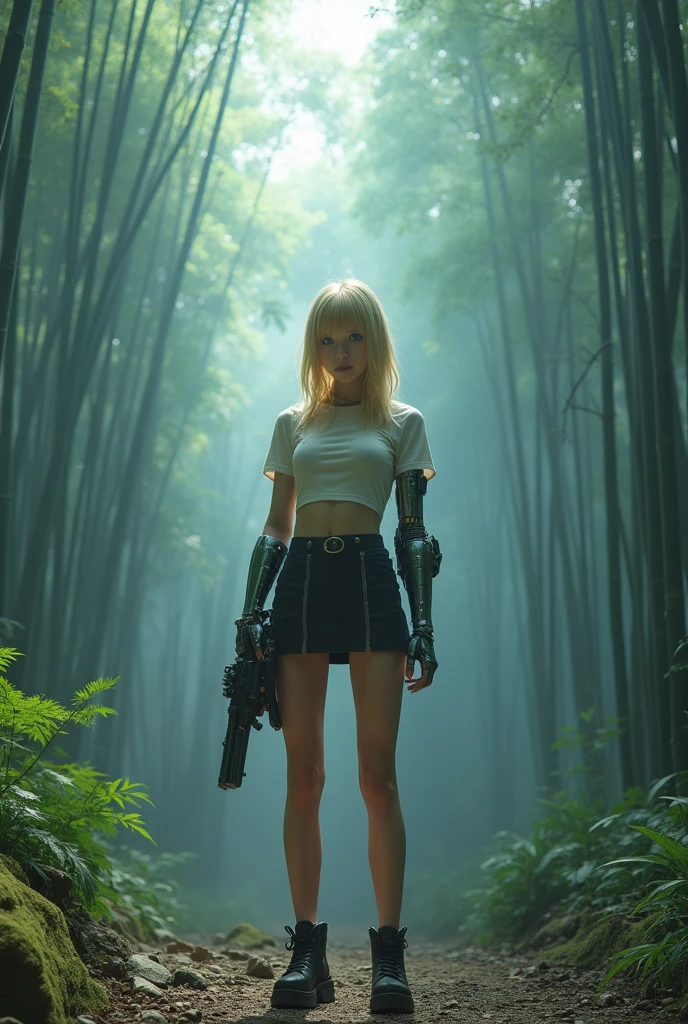 (RAW photo), extremely detailed, a pretty woman, (((japanese idol))), (((Beautiful girl))), (((Super Beauty))), (((cool beauty))), longhair, mini skirt, garter belt, short sleeve, blonde hair, blue eyes, big sister, cyberpunk, early morning, Morning mist, Abandoned mountain temple, bamboo forest:1.9, cyborg, (Her left arm is mechanized., Robot left hand, A living human except for the left hand):1.6, hold a gun in your right hand, (photorealistic:1.4), masterpiece, best quality