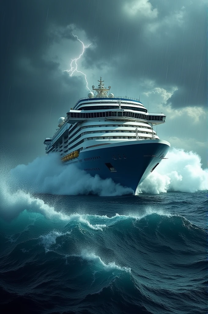 Create an image of a stormy sea with large waves, a big cruise ship, cloudy weather, lightning and a storm. 