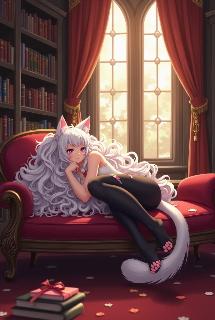 ((best quality)), ((masterpiece)), (detailed), ((highres)), In lavish manor library, laying on back, holing legs up, extremely long curly white pig tails. Fluffy white cat ears. Long white cat tail on butt, 1catgirl, 20 year old, Curvy body, shy, timid, scared, nervous, Blushing. Lewd, naked. Heterochromatic eyes, one teal eye, one purple eye. No shoes, black ripped thigh high leggings with pink pawpads on bottom,