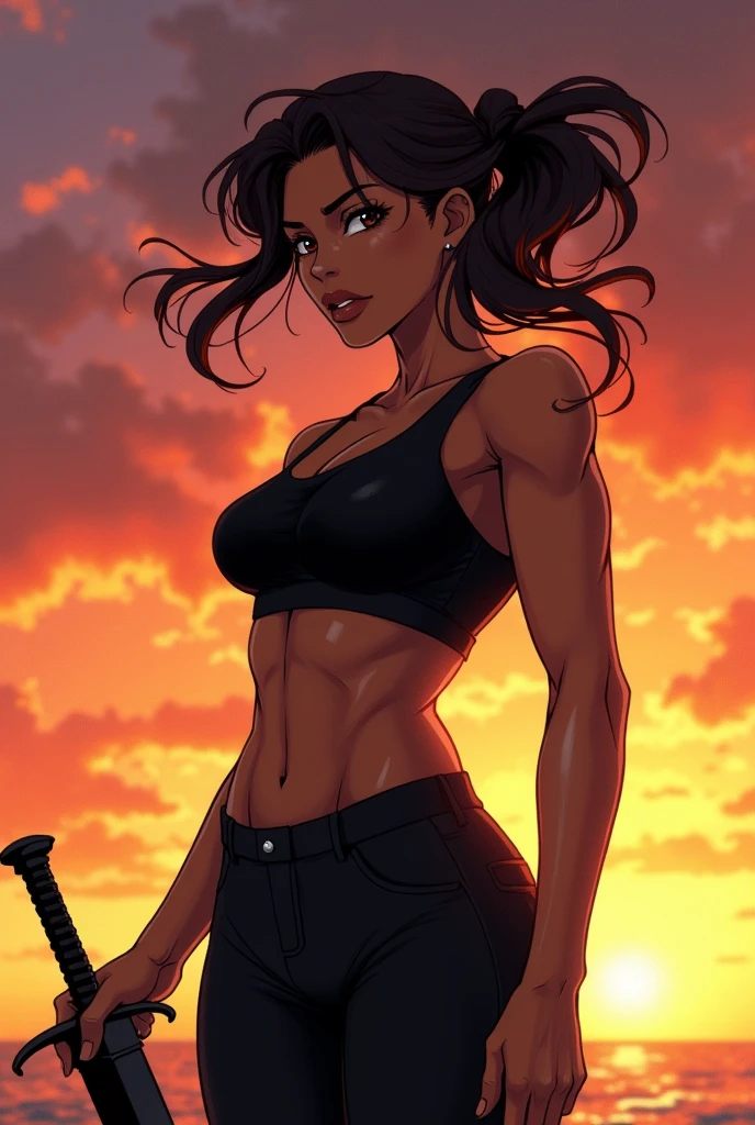 brown woman Abdominal muscles pants black long sword long sunset
anime