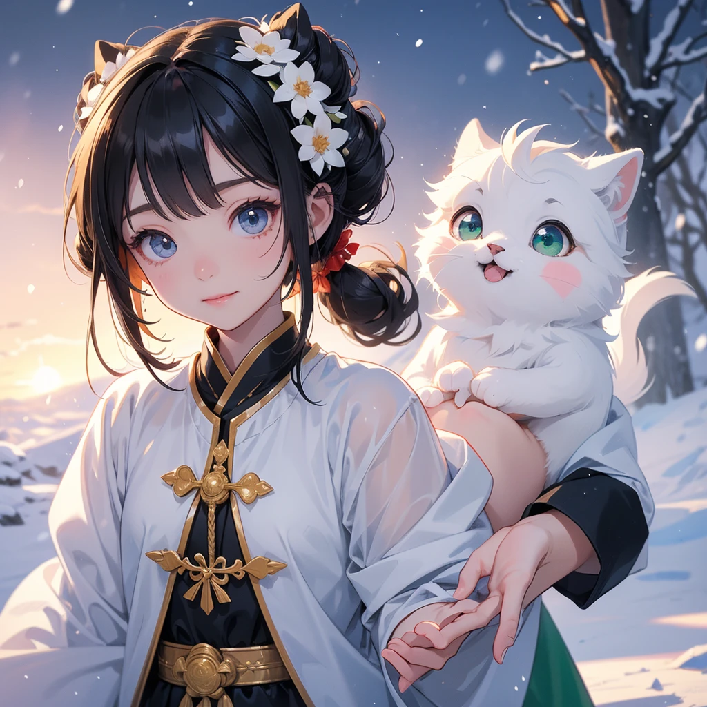 A chibi child girl had a small face and Wearing a little green Taoist priest's outfit. A pair of big round eyes shone with curiosity about him. This child was so cute! Amidst the pure white snow, the snow is falling lightly, watching the snow fall one by one, her hair is black with two buns on her hair.small chibi, chibi baby, smiling ,Chibi. Sunset.
The snow is falling, black hair with two buns.
Riding a white horse.