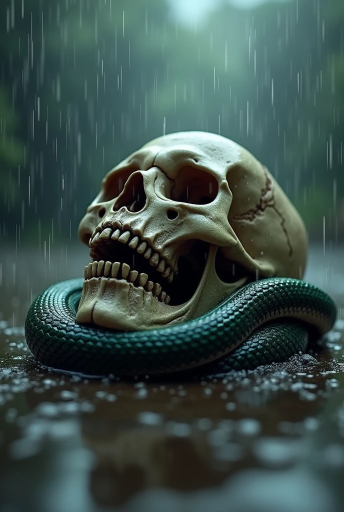 A skull with a snake crawling out of its eye when its raining and the snake is looking at me