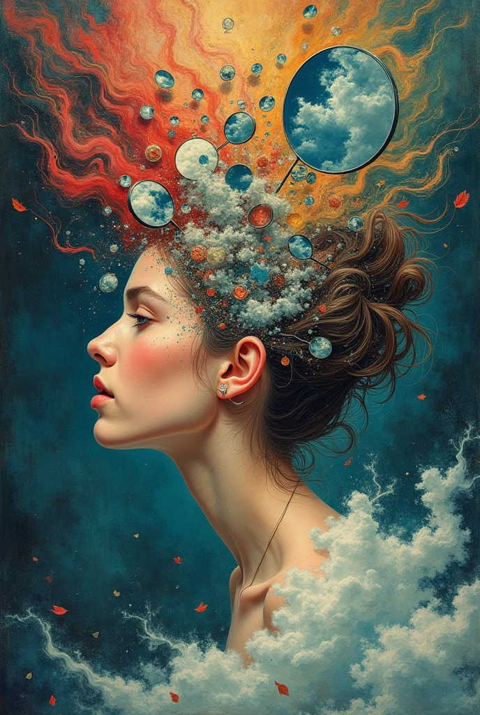 Create an image inside the head of a person who has ADHD , social phobia, who lives judging themselves and believing everything people say about them and who feels inadequate and has no personality of their own With the feminine gender