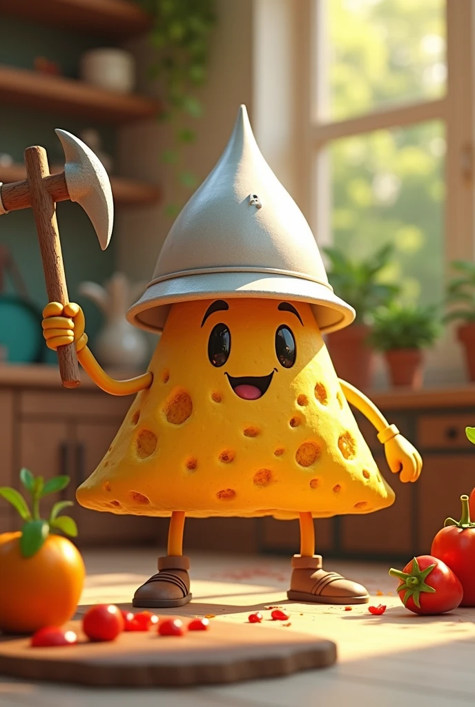 A triangular tortilla with a white helmet and a pickaxe in his left hand 
