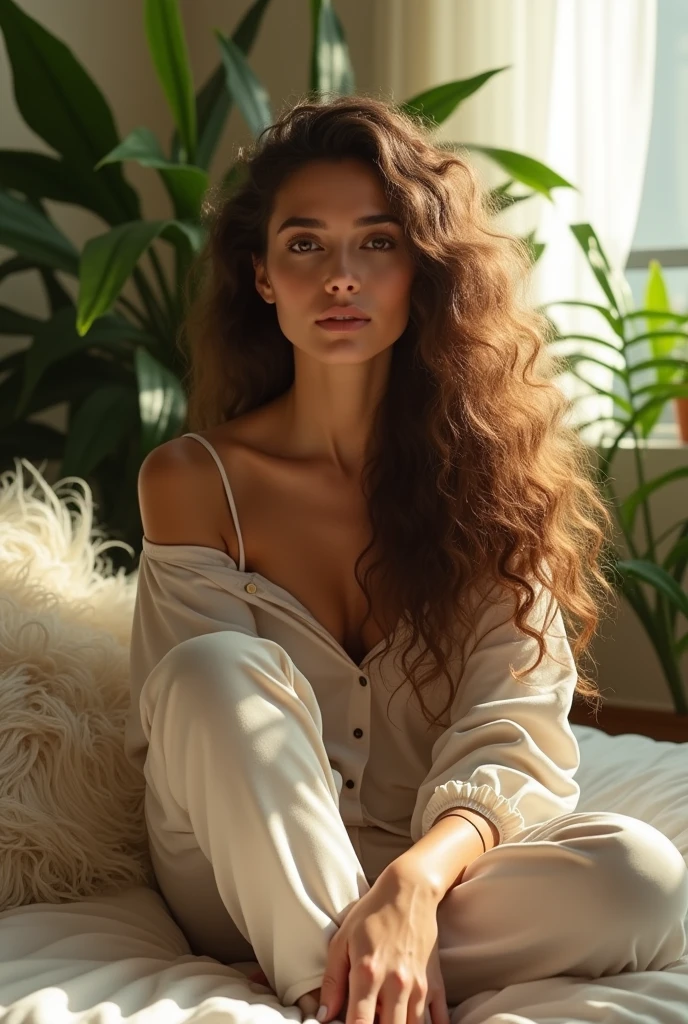 (photorealism:1.2), beautiful woman, sitting on bed, wearing loose off-shoulder top, pajama pants, long curly hair, indoors, soft lighting, plants in background, window with sunlight, cozy room, relaxed pose, realistic, intricate details, warm colors, by Greg Rutkowski, by Alphonse Mucha