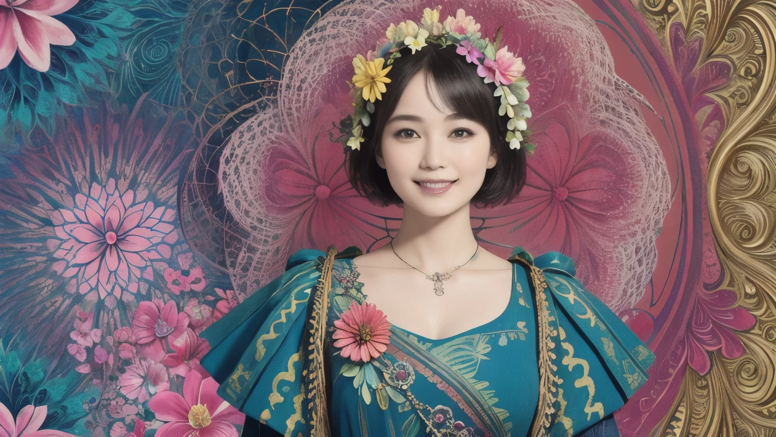 272 (20-year-old woman,short hair), (masterpiece, Highest quality, beautiful:1.2), Very detailed, (Fractal Art:1.1), (colorful:1.1), (flower:1.3), whole body, (Abstract background:1.3), (Many colors:1.4), (Old-fashioned smile), (Hawaii)