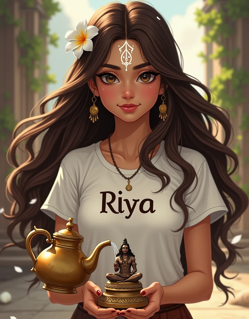 The image is a digital illustration of a young woman with long brown hair and a white flower in her hair. She is wearing a white t-shirt and has a white face paint on her forehead. The woman is holding a small statue of Lord Shiva in her hands and is pouring water from a brass teapot into the statue. The statue is placed on a pedestal and the background is blurred, but it appears to be an ancient temple or temple complex. The image has a peaceful and serene atmosphere. The word "Riya" is written in t-shirt bold size.