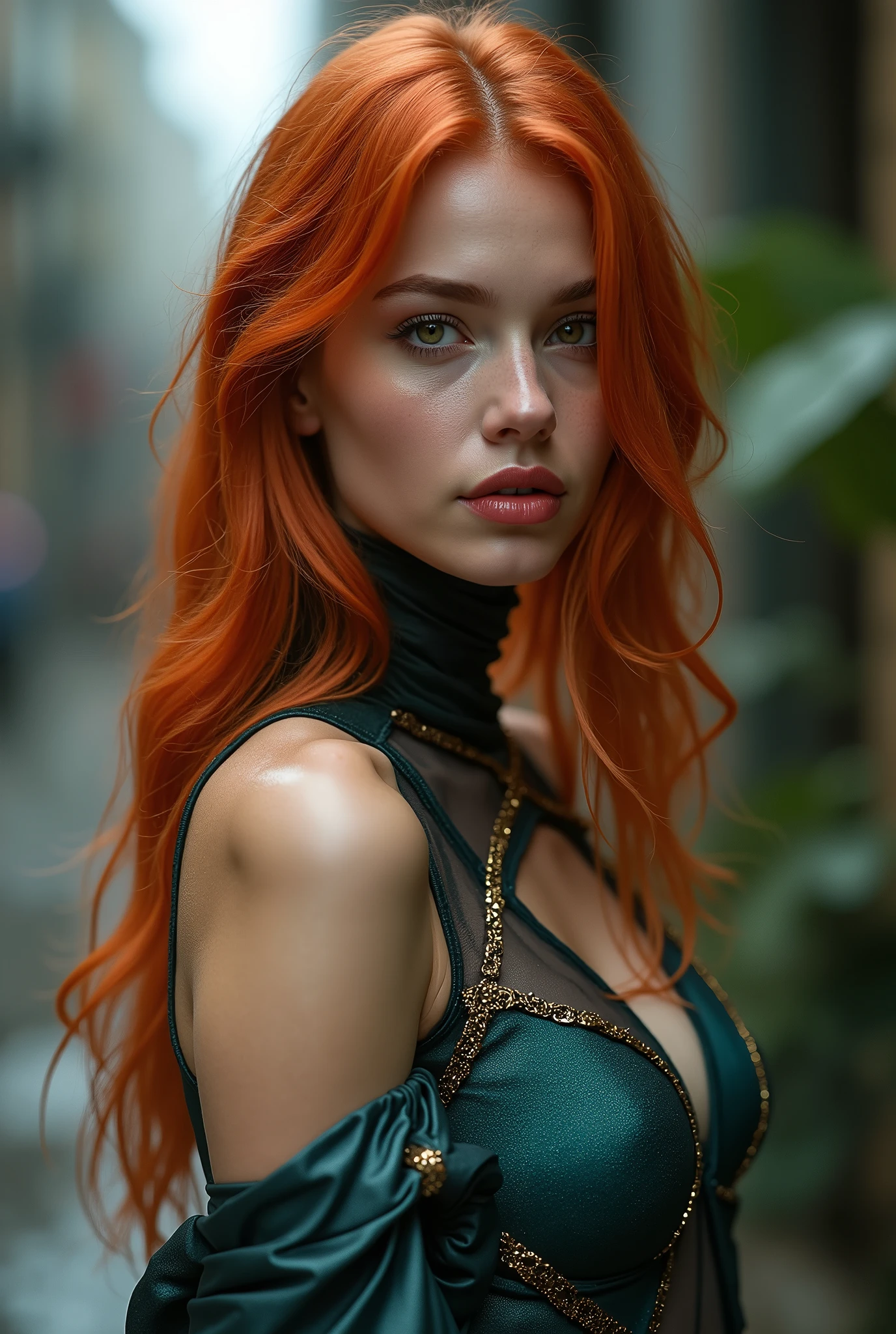 a woman with red hair, hyper-realistic skin, shiny/glossy, modern jewelry, gongbi, portraiture, dark teal and light gold, tropical landscapes, Face portrait photo oF a 21 Year-old German woman, .raw, beautiFul woman, half strawberry lips, strawberry lipstick, Fossettes, big breast, realistic legs, high heels, nostalgic look, detailed light brown eyes, great student, thin eyelashes, (Brown extra long blond hair), ((detailed Face)), ((detailed Facial Features and skin texture)), (Finely detailed skin), light brown skin, (Deep neckline detailing high-tech cyberpunk dress), Cyberpunk big city environment, (cold colors), moist, moist, reFlections, (masterpiece) (height ratio / perfect width) (photo realist) (best quality) (detailed) Shot with Canon EOS R5, ObjectiF 50mm, F/2.8, human development report, (8k) (wallpaper) (light) (Dramatic Light) (sharp focus) (complicated), sharp details, skin detail sharpness,