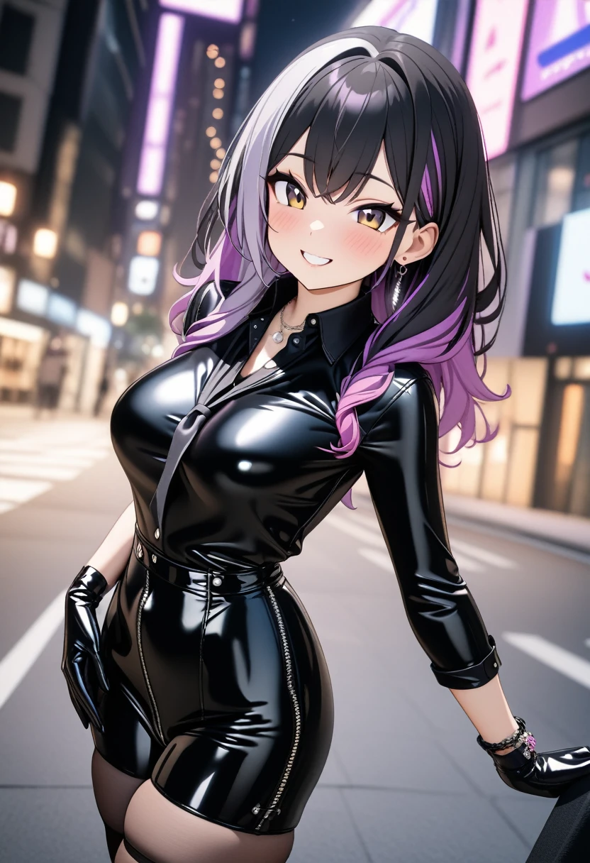 masterpiece, high quality, 8k, 1girl, cute, gyaru, ((two tone hair)), (black hair), purple hair, silver earrings, (black latex metallic bodysuits), gloves, black thighhighs, outdoor, smile