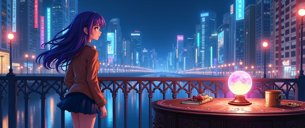 Create an image of a female anime character standing on a bridge. The character has long, wavy violet hair. She is wearing a school uniform with a pleated skirt and a short jacket, in a classic schoolgirl style. The setting is a bridge in a city lit by neon lights at night. The atmosphere is energetic and vibrant, with intense colors and movement. The style of the image is classic anime with defined lines and bright colors.
intricately (Tarot cards: laying on a wooden table next to a (detailed enchanted tarot cards deck:2.3) by carne griffiths, fortune teller room interior in the background with a sparklin Crystal ball, fantasy tarot cards, chiaroscuro, digital mixed media, CGSociety, featured on DeviantArt, trending_on_ArtStation, dynamic, splash_screen_art, dramatic lighting, radial_lighting