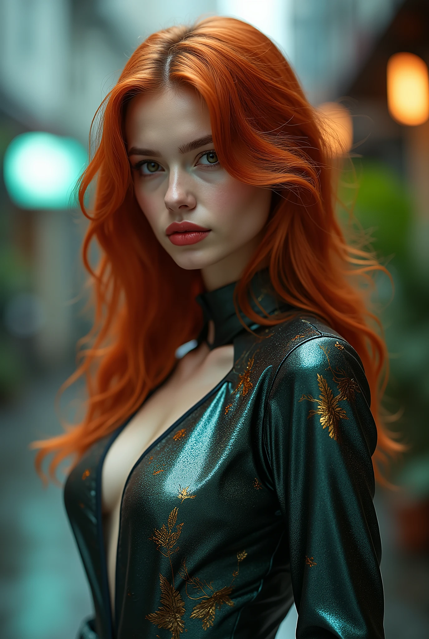 a woman with red hair, hyper-realistic skin, shiny/glossy, modern jewelry, gongbi, portraiture, dark teal and light gold, tropical landscapes, Face portrait photo oF a 21 Year-old German woman, .raw, beautiFul woman, half strawberry lips, strawberry lipstick, Fossettes, big breast, realistic legs, high heels, nostalgic look, detailed light brown eyes, great student, thin eyelashes, (Brown extra long blond hair), ((detailed Face)), ((detailed Facial Features and skin texture)), (Finely detailed skin), light brown skin, (Deep neckline detailing high-tech cyberpunk dress), Cyberpunk big city environment, (cold colors), moist, moist, reFlections, (masterpiece) (height ratio / perfect width) (photo realist) (best quality) (detailed) Shot with Canon EOS R5, ObjectiF 50mm, F/2.8, human development report, (8k) (wallpaper) (light) (Dramatic Light) (sharp focus) (complicated), sharp details, skin detail sharpness, 