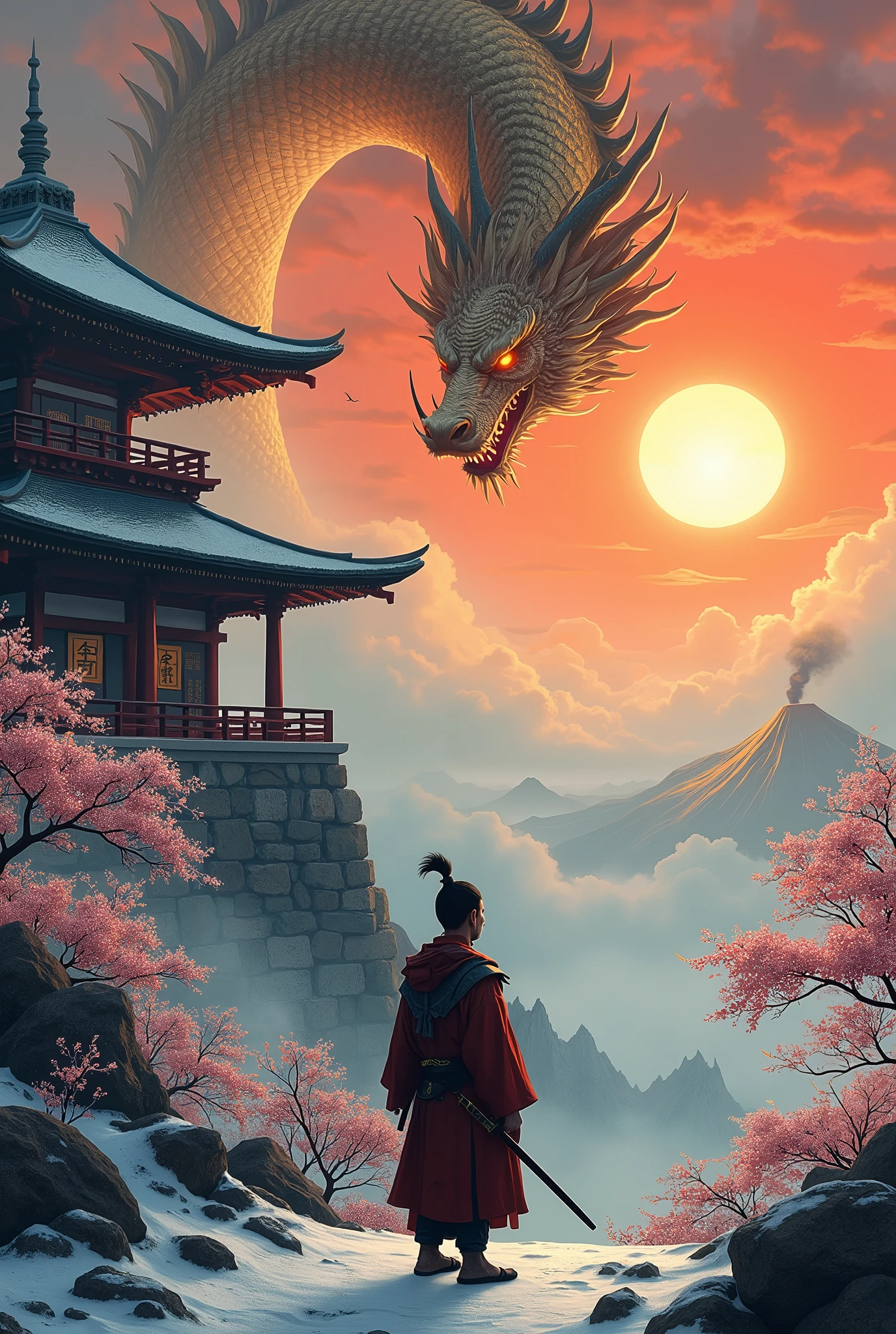 A lone ronin, with deep scars marking his face and an oni mask covering the lower half, watch the sunrise in an ancient Zen temple, located on the summit of a snowy mountain surrounded by a light mist. In a Dutch plan, an imposing ryū, with shimmering golden scales and piercing eyes like obsidian, hangs over him, letting out a mighty roar that echoes throughout the mountain, as a ray of heavenly light pierces a ying-yang symbol tattooed on his chest. a phoenix, with scarlet and golden yellow fire feathers, lands on your shoulder, watching the horizon with curiosity. The camera is positioned to emphasize the height of the temple and the imposing nature of the dragon.. The temple walls are covered in ancient symbols that glow with a soft light, including kanji that represent the word "eternity". The atmosphere is serene and spiritual, with pink cherry blossom petals dancing in the wind, a few drops of rain running down the samurai's katana and a small waterfall flowing at the foot of the mountain. Ao fundo, an active volcano exhales black smoke against an orange sky, and a partial eclipse reveals a luminous halo around the sun. Paint in Japanese ukiyo-e style, with delicate features and vibrant red colors, blue and gold, with hints of pastel pink for the cherry petals and shades of gray for the mist. Use dramatic lighting to emphasize the moment of action, with deep shadows and striking contrasts. O ronin, feeling the dragon energy, draws his katana with a quick movement, the blade shining with a mystical light. The ryū radiates ancient wisdom and the phoenix, hope reborn.