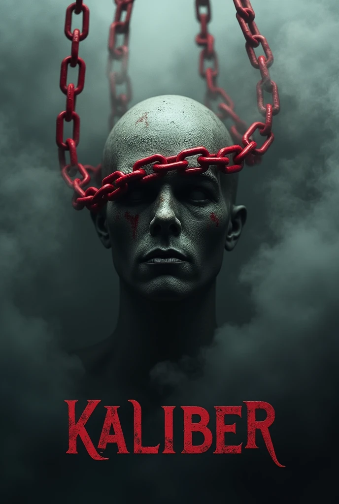 Blood chain going around a head and the word kaliber below it with a black font color and smoke in the background