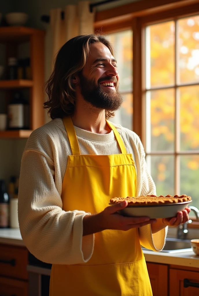 Jesus Christ wearing a lemon yellow apron and putting a pie in the oven. he is shining He smiles and laughs happily. Jesus is in the kitchen, wearing an off-white knit top and jeans. Jesus of Nazareth is depicted as a gentle, gentle man with shoulder-length hair. His wavy brown hair cascades over his shoulders. His face conveys deep wisdom and empathy, radiating warmth and understanding. Sweet potato pie. Japanese Autumn Photography, Highly Detailed, Trending at Art Station, Sharp Focus, Studio Shot, Intricate Details, Greg Rutkowski,