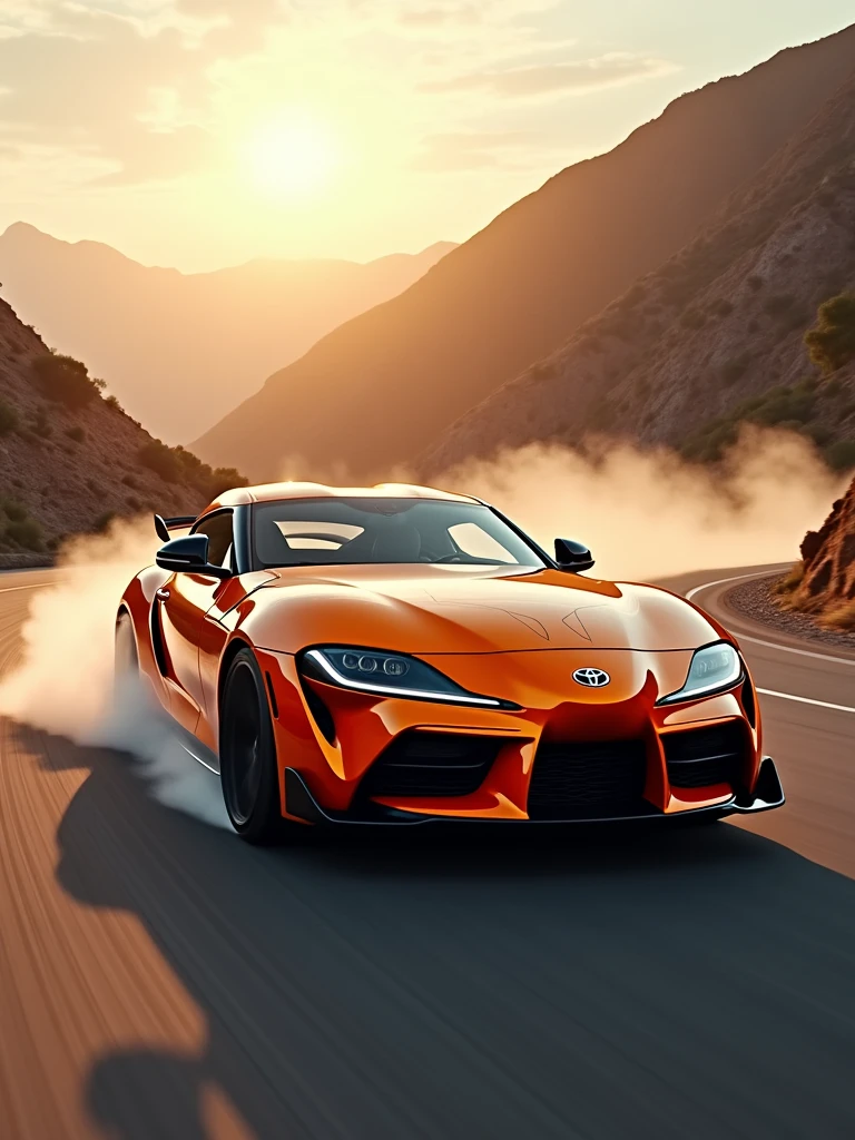 A stunning cinematic photograph of a sleek, orange Toyota Supra Mk5 tearing around a sharp corner at high speed. The vibrant orange paintjob and racing stickers of the car gleam in the sunlight, emphasizing its sporty and aggressive design. The car leaves a trail of smoke in its wake, showcasing its remarkable agility and handling capabilities. The interior is adorned with the latest technology, exuding a luxurious and modern feel. The background reveals a scenic, winding mountainous road stretching into the distance, with the sun casting a warm glow over the entire scene., cinematic, vibrant, photo