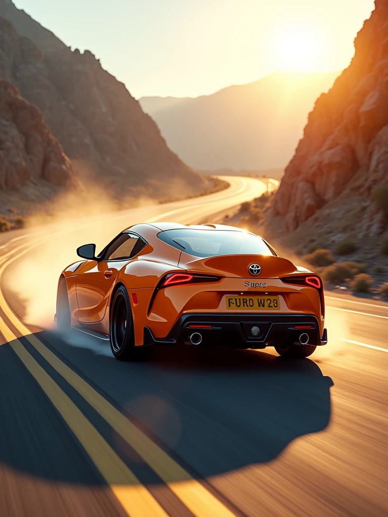 A stunning cinematic photograph of a sleek, orange Toyota Supra Mk5 tearing around a sharp corner at high speed. The vibrant orange paintjob and racing stickers of the car gleam in the sunlight, emphasizing its sporty and aggressive design. The car leaves a trail of smoke in its wake, showcasing its remarkable agility and handling capabilities. The interior is adorned with the latest technology, exuding a luxurious and modern feel. The background reveals a scenic, winding mountainous road stretching into the distance, with the sun casting a warm glow over the entire scene., cinematic, vibrant, photo