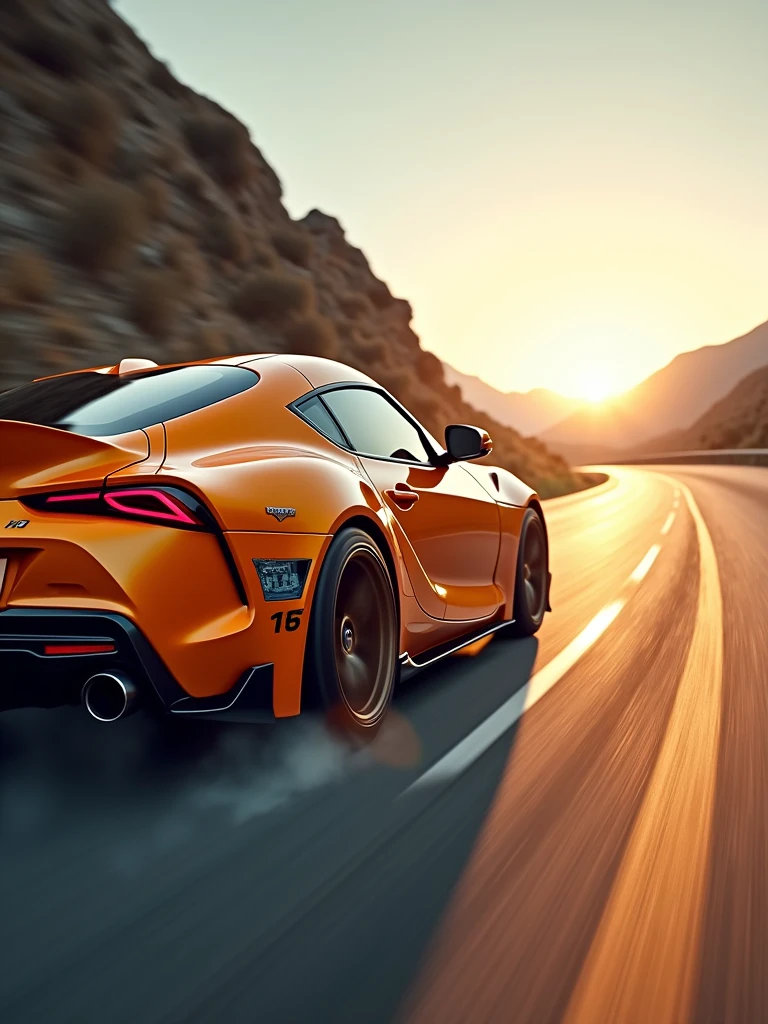 A stunning cinematic photograph of a sleek, orange Toyota Supra Mk5 tearing around a sharp corner at high speed. The vibrant orange paintjob and racing stickers of the car gleam in the sunlight, emphasizing its sporty and aggressive design. The car leaves a trail of smoke in its wake, showcasing its remarkable agility and handling capabilities. The interior is adorned with the latest technology, exuding a luxurious and modern feel. The background reveals a scenic, winding mountainous road stretching into the distance, with the sun casting a warm glow over the entire scene., cinematic, vibrant, photo