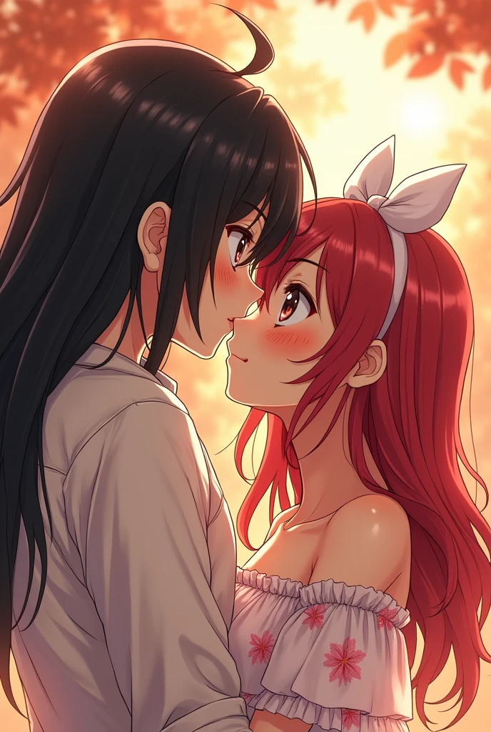an anime girl that is tan, has dark red hair, the hair is straight and shoulder length, has tan skin, dark brown doe eyes, and loves the pink coquette style. the anime girl is wearing a white bow on her head and is wearing a white floral dress. black and white low quality manga style. the anime girl is kissing her anime boyfriend who has long black hair, and is a metal head.