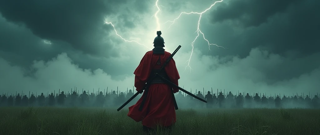 1 red samurai against an army of samurais, battle stance, cinematic, back shot, 8k, grassland, dark sky, thunder, fog of war