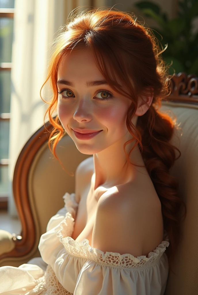 photographie portrait demi-corps d’une très belle fille réaliste, allongé sur une chaise dans une pièce avec un balcon, peau de porcelaine, peau très claire, peau très pâle, Roux, ondulé, queue de cheval, quelques taches de rousseur, des yeux noisette, yeux bridés, petit nez, narine, pensez aux sourcils courbés, lèvre inférieure épaisse, regard séduisant, mine réjouie, visage unique, photo de détail, photo réaliste, photo de pièce maîtresse, image nette, lumière du jour claire en extérieur