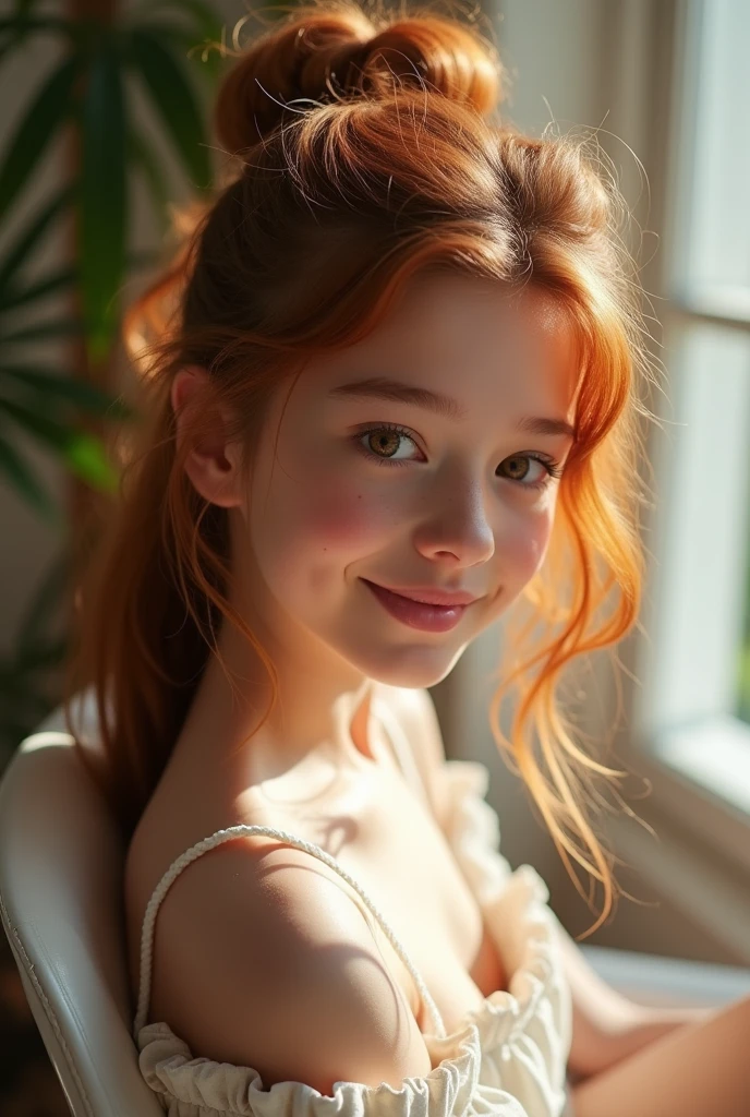 photographie portrait demi-corps d’une très belle fille réaliste, allongé sur une chaise dans une pièce avec un balcon, peau de porcelaine, peau très claire, peau très pâle, Roux, ondulé, queue de cheval, quelques taches de rousseur, des yeux noisette, yeux bridés, petit nez, narine, pensez aux sourcils courbés, lèvre inférieure épaisse, regard séduisant, mine réjouie, visage unique, photo de détail, photo réaliste, photo de pièce maîtresse, image nette, lumière du jour claire en extérieur