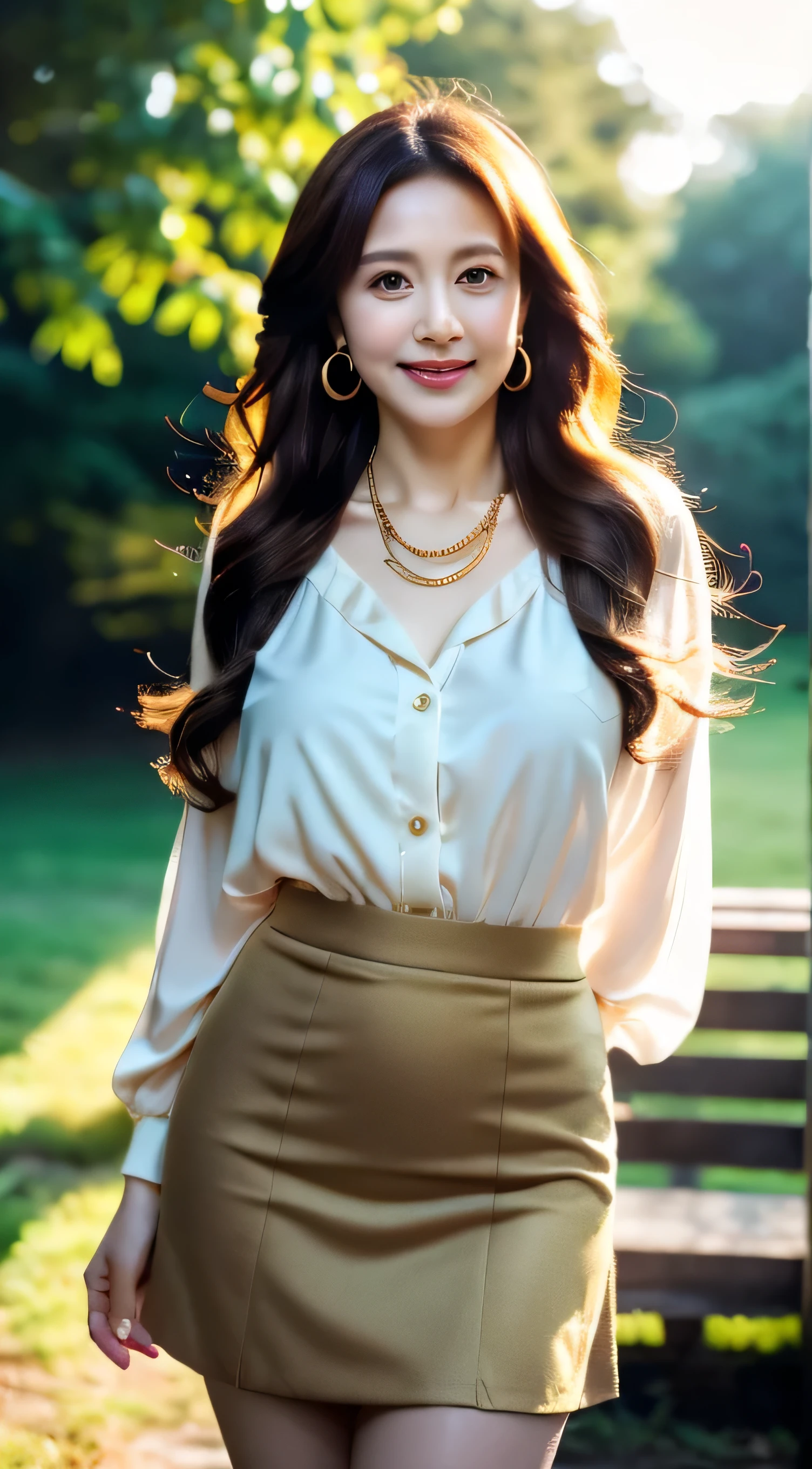 Urzan-6500-v1.1, (RAW Photos:1.2), (Photorealistic), Beautiful details, (Genuine: 1.4), Very detailedな目と顔, Beautiful and fine details, Standing in the forest、(High heels)、Stand with your legs crossed、Large file size, High resolution, Very detailed, Highest quality, [masterpiece:1.6], Awareness-raising, Very detailed, Hmph, In detail, Highest quality, 8k wallpaper, Cinema Lighting, One mature woman, Age 35, Perfect figure, Cute droopy eyes,Beautiful big eyes、Pieck Finger, ((Tabletop)), Highest quality, One mature woman, eye shadow, Portraiture, ((Full Body Shot:1.4))、(A very loving smile:1.2)、((brown super long hair:1.2))((Loosely wavy hair:1.3))((White blouse、White flare mini skirt:1.2))((Gold Necklace＿Big earrings:1.3))((((Full figured supermodel standing, Full body in frame))))