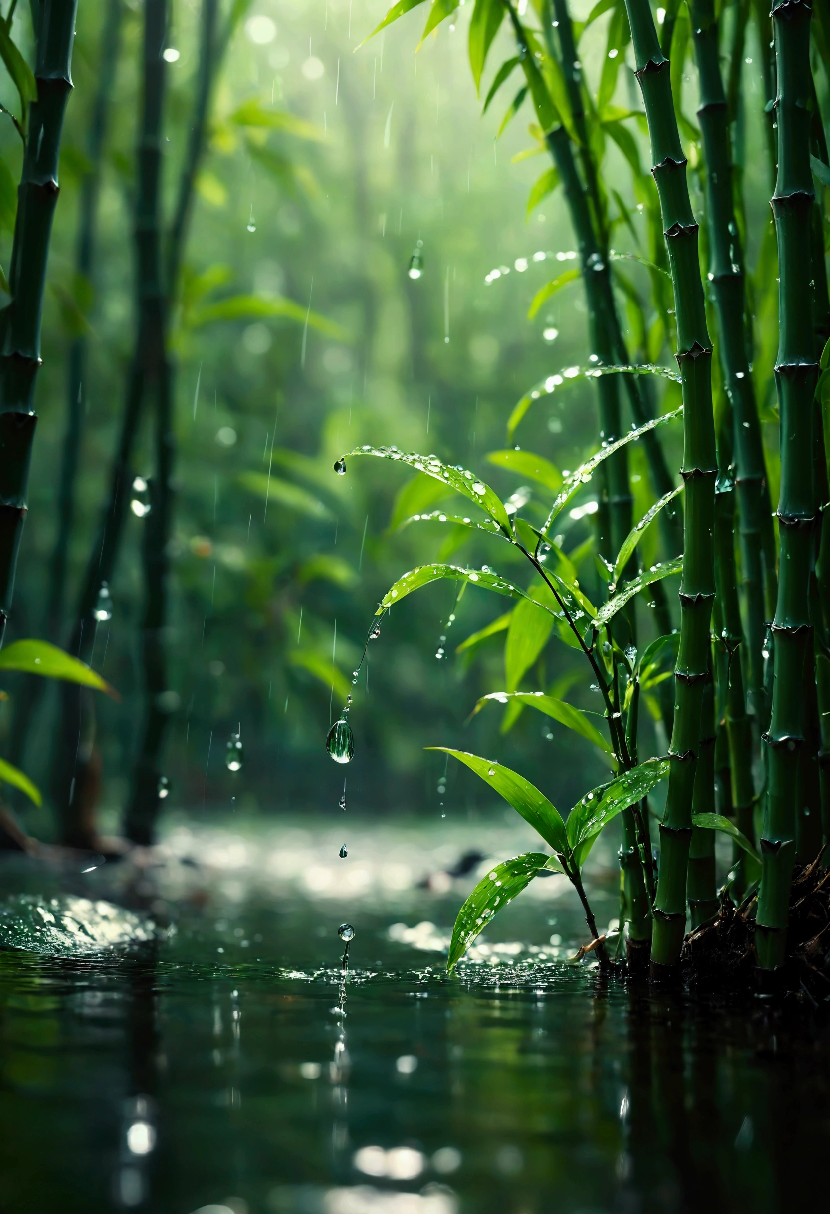 Create a visually stunning, ultra-realistic masterpiece in up to 16K resolution, capturing the rare and magical moment of a sunny rain in a tranquil bamboo forest, where water droplets abound. This soft color photograph focuses on the tall, slender bamboo stalks, which are now covered in countless droplets of rain that glisten as sunlight filters through the leaves. The image is ultra-detailed, with movie-like still imagery and dynamic angles that immerse viewers in this serene and fleeting scene. Imagine the macro lens capturing each droplet with incredible precision, with some droplets splashing delicately off the bamboo leaves, creating tiny, shimmering sprays of water. The sunlight adds a sparkling effect to these splashes, enhancing the surreal, ethereal atmosphere of the scene. The combination of rain, light mist, and abundant water droplets gives the forest a fresh, vibrant appearance, while a subtle motion blur hints at the gentle movement of the bamboo and the cascading droplets. This award-winning digital art piece is crafted with a focus on realism, featuring meticulously detailed textures and natural elements, all rendered in ultra-high definition with UHD and retina quality. The composition is perfectly designed, capturing the rare beauty of this sunny rain moment with a harmonious layout and flawless detail. The image maintains a natural, realistic feel, avoiding extreme angles or exaggerated expressions, and is enhanced with a subtle film grain and anti-glare effect for added depth. Every detail is captured with precision, making this artwork an epic, breathtaking portrayal of a bamboo forest bathed in sunlight and rain, where water droplets and splashes create a mesmerizing display of nature's beauty.