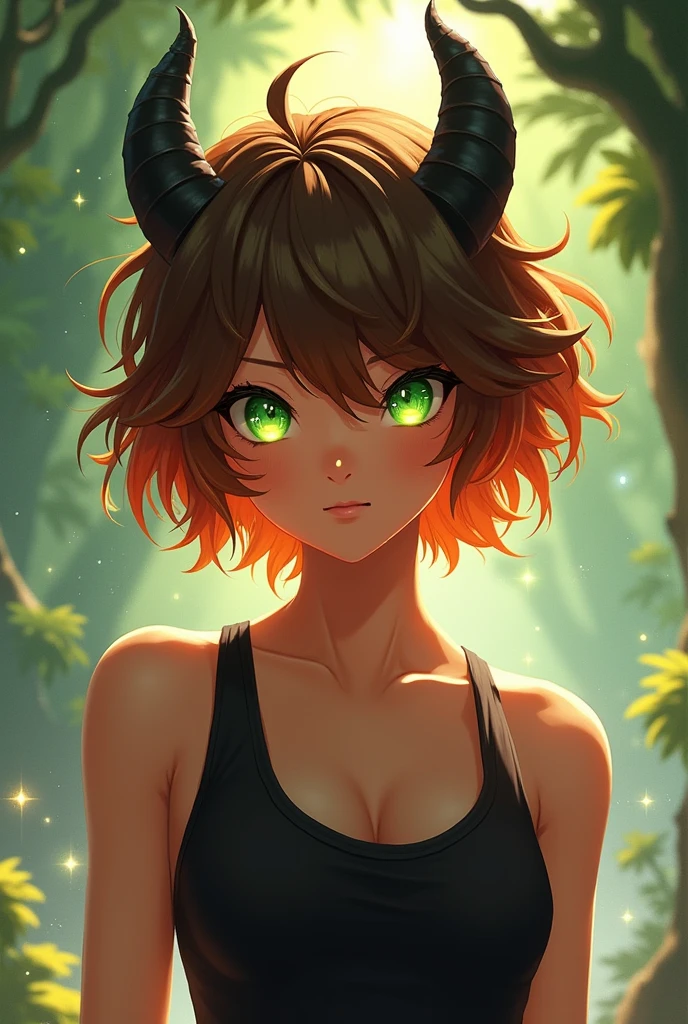 A ager with short, shoulder-length, messy brown hair with reddish tips, tanned skin, black dragon horns, and black dragon ears. They have green gradient eyes with wild cat pupils, tanned skin, and wavy strands of hair. They are wearing a black top.