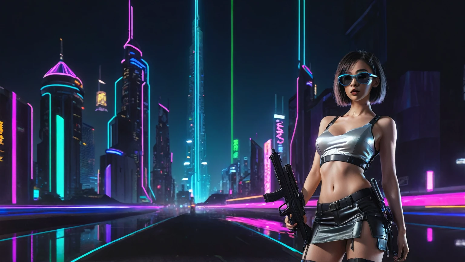 At night, simple outlined cyberpunk city, flying cars, neon waterfall, line art background. (1girl, solo), photo realistic, medium-breast:1.3 slim body, cleavage, sling top, miniskirt, black sunglasses, holding a short gun, half-body thigh level medium shot, cinematic lighting, ray tracing.