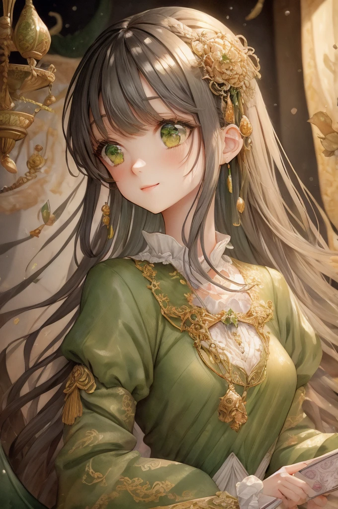 absurdres, absolutely resolution, highres, texture, masterpiece, best quality, official art, beautiful and aesthetic, (mystical atmosphere), fantasy, watercolor, magic, trading card, cinematic angle, (rococo style card frame:1.3), BREAK
1girl, (kawaii:1.3), teenager, 17 yo, peaceful smile, shy, (highly detailed beautiful face and eyes), (light brown hair:1.0), (long hair), (straight hair), (blunt bangs:1.0), (hairband:1.0), (gray eyes:1.6), (maid), long dress, (middle breasts:1.0), cowboy shot, BREAK
(cute green dragon:1.4), BREAK