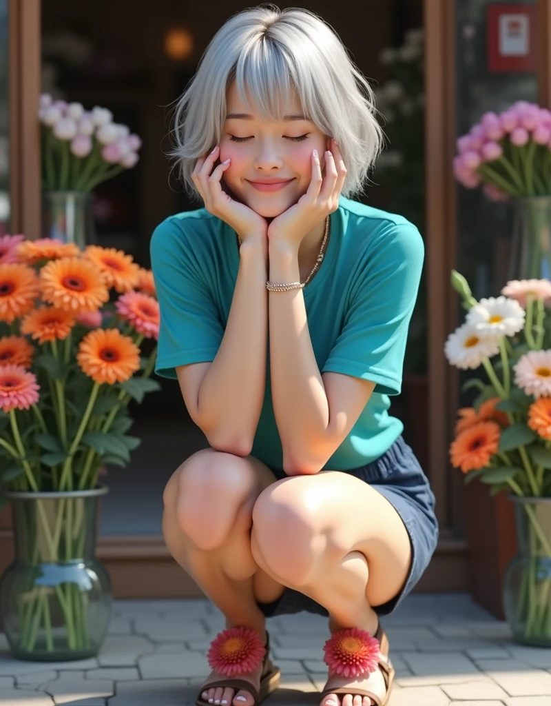(RAW photo, best quality, masterpiece: 1.2), (photorealistic: 1.4), best lighting, 20 years old, (light gray hair, short bob cut, hair in 7 thirds, hair over one ear, Symmetrical eyes, fair skin, solo, Detailed Skin, Detailed Background:1.2),　Smiling, hair up, eyes closed, squatting in front of a flower shop filled with flowers, outdoors, hands on chin, turquoise blue tight shirt, navy blue shorts, sandals with large gerbera flowers, gel nails, jewelry