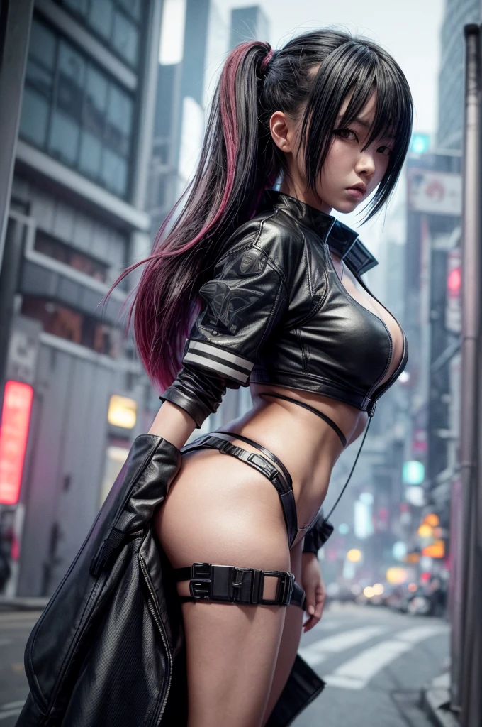 there is a woman standing on the side of the street, cyberpunk art by Yang J, trending on Artstation, realism, artwork in the style of guweiz, anime style. 8k, guweiz, realistic anime 3 d style, trending on cgstation, 🤤 girl portrait, hyper-realistic cyberpunk style, anime style mixed with fujifilm, dreamy cyberpunk girl