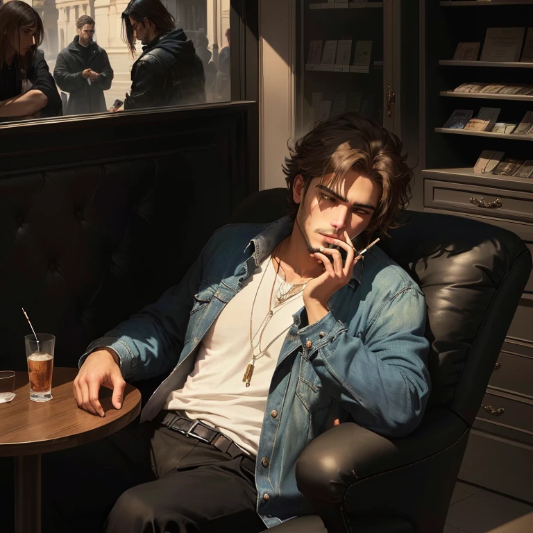 Arafeth sits in a chair and talks on his mobile phone, taking a smoke break, I look at my phone, provocative photo, thick Smoke around him, deep in thought, in thoughts, in the mall, Smoke around him, bored, in the mall, high quality download, smokes, он smokes сигарету, to sit carelessly