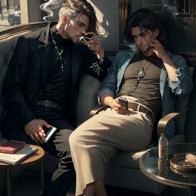 Arafeth sits in a chair and talks on his mobile phone, taking a smoke break, I look at my phone, provocative photo, thick Smoke around him, deep in thought, in thoughts, in the mall, Smoke around him, bored, in the mall, high quality download, smokes, он smokes сигарету, to sit carelessly