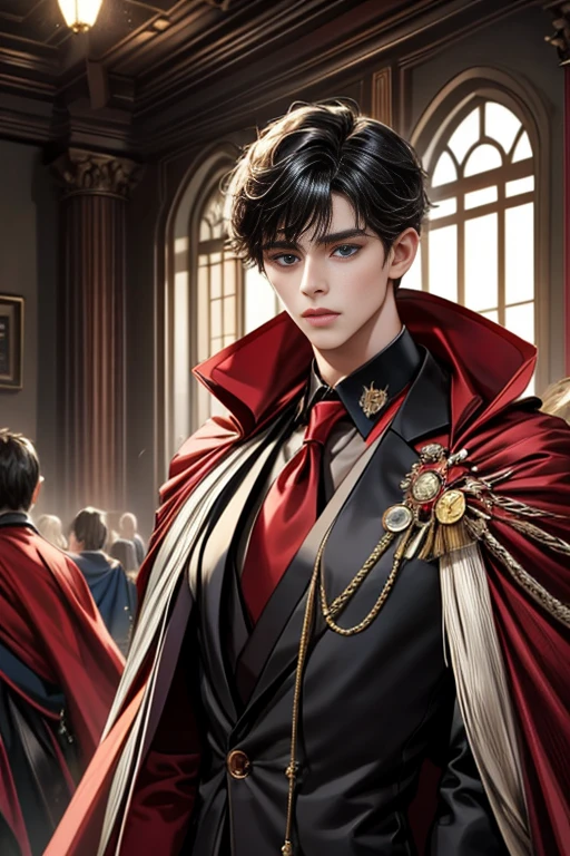 masterpiece, 最high quality, high quality, 1 boy, alone, Male focus, Upper Body,Watching the audience, Messy black hair, Adorable big blue eyes, White, Noble, Noble,A black and red cape that is bursting with sexy volume、Tuxedo、A very voluminous, large, very large, very large, long, long red and black cape with a high stand-up collar, made of a lot of fabric that reaches down to the floor., ,cute beautiful,Cute, cute, kind, handsome guy