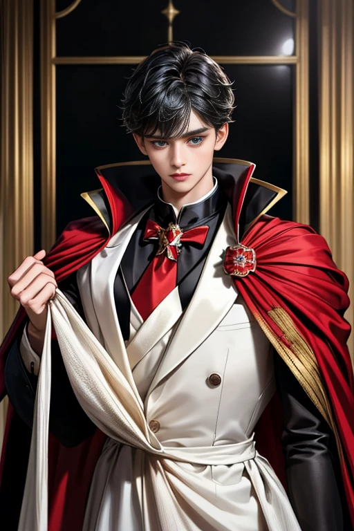 masterpiece, 最high quality, high quality, 1 boy, alone, Male focus, Upper Body,Watching the audience, Messy black hair, Adorable big blue eyes, White, Noble, Noble,A black and red cape that is bursting with sexy volume、Tuxedo、A very voluminous, large, very large, very large, long, long red and black cape with a high stand-up collar, made of a lot of fabric that reaches down to the floor., ,cute beautiful,Cute, cute, kind, handsome guy