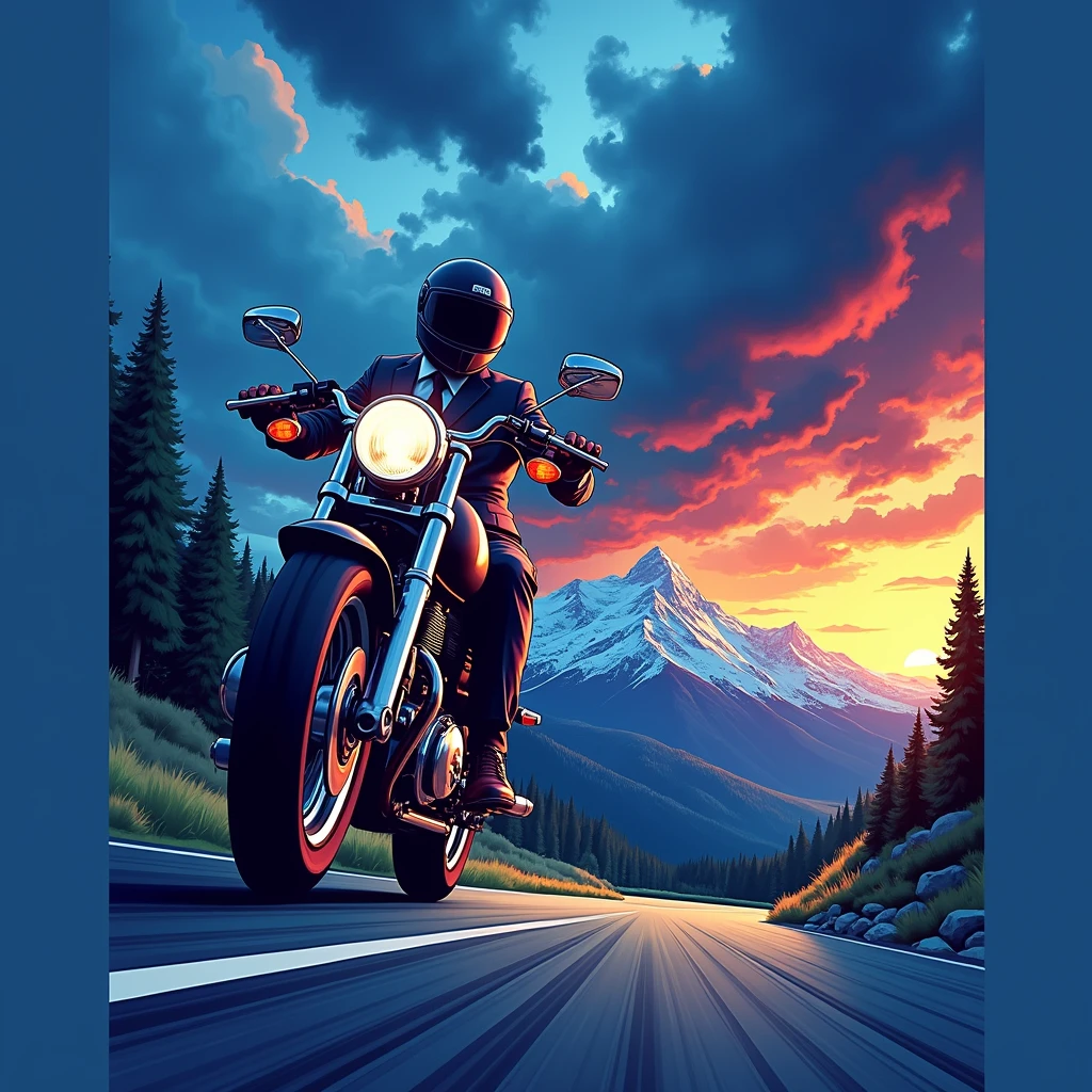 The image depicts a dynamic scene of a motorcyclist in motion, set against a vividly painted backdrop. The motorcyclist, dressed in a suit with a helmet, is positioned on the left side of the frame, leaning into a turn on the motorcycle. The motorcycle itself is detailed with chrome accents and a visible headlight, suggesting movement and speed. The background features a dramatic sky transitioning from deep blues to warm oranges, indicative of either dawn or dusk. This sky casts a soft glow on the mountains in the distance, which are rendered with varying shades of blue and white, adding depth and texture to the scene. The overall impression is one of a vibrant, stylized portrayal of a motorcycle journey through a mountainous landscape.