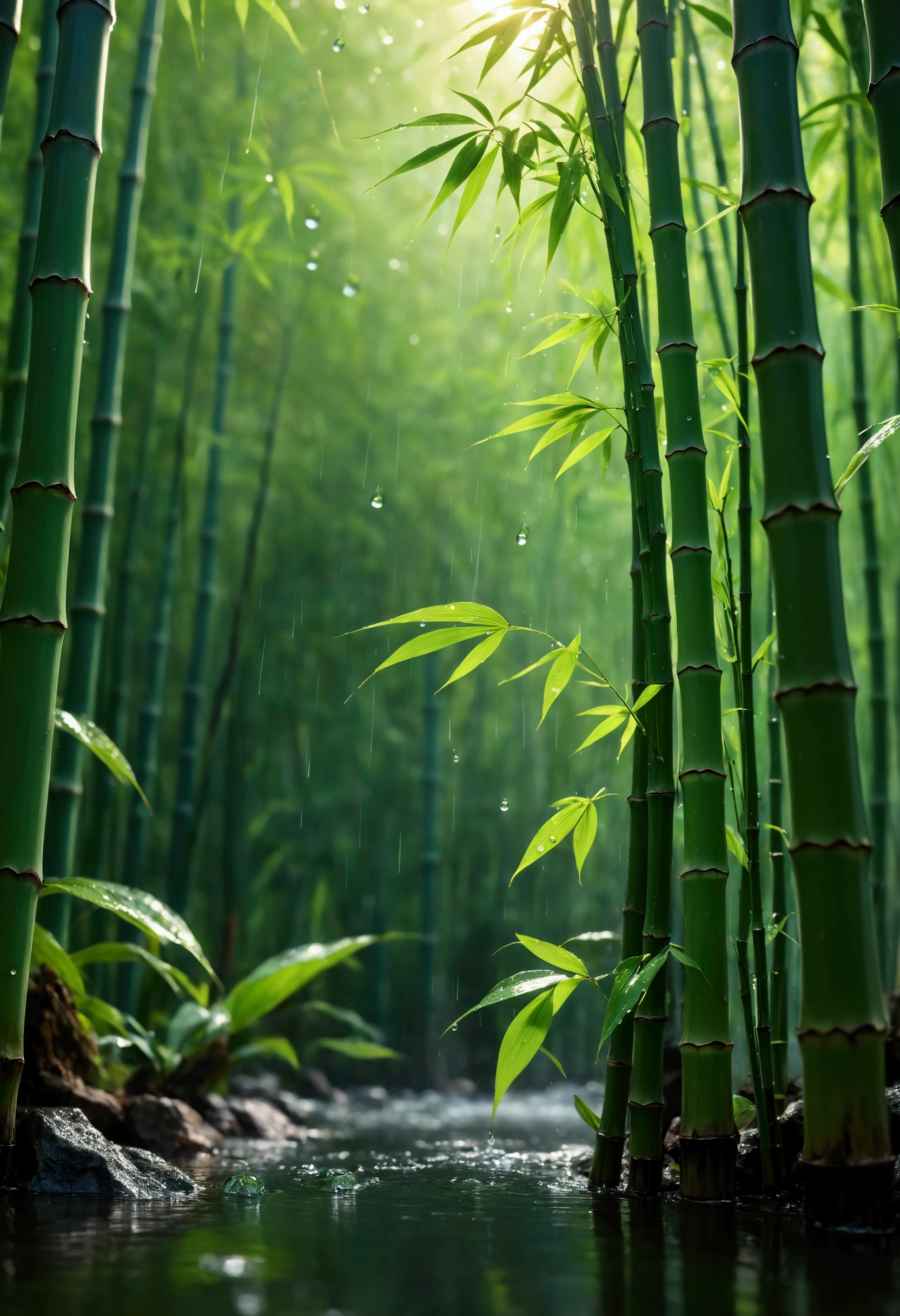Create a visually stunning, ultra-realistic masterpiece in up to 16K resolution, capturing the rare and magical moment of a sunny rain in a tranquil bamboo forest, where water droplets abound. This soft color photograph focuses on the tall, slender bamboo stalks, which are now covered in countless droplets of rain that glisten as sunlight filters through the leaves. The image is ultra-detailed, with movie-like still imagery and dynamic angles that immerse viewers in this serene and fleeting scene. Imagine the macro lens capturing each droplet with incredible precision, with some droplets splashing delicately off the bamboo leaves, creating tiny, shimmering sprays of water. The sunlight adds a sparkling effect to these splashes, enhancing the surreal, ethereal atmosphere of the scene. The combination of rain, light mist, and abundant water droplets gives the forest a fresh, vibrant appearance, while a subtle motion blur hints at the gentle movement of the bamboo and the cascading droplets. This award-winning digital art piece is crafted with a focus on realism, featuring meticulously detailed textures and natural elements, all rendered in ultra-high definition with UHD and retina quality. The composition is perfectly designed, capturing the rare beauty of this sunny rain moment with a harmonious layout and flawless detail. The image maintains a natural, realistic feel, avoiding extreme angles or exaggerated expressions, and is enhanced with a subtle film grain and anti-glare effect for added depth. Every detail is captured with precision, making this artwork an epic, breathtaking portrayal of a bamboo forest bathed in sunlight and rain, where water droplets and splashes create a mesmerizing display of nature's beauty.