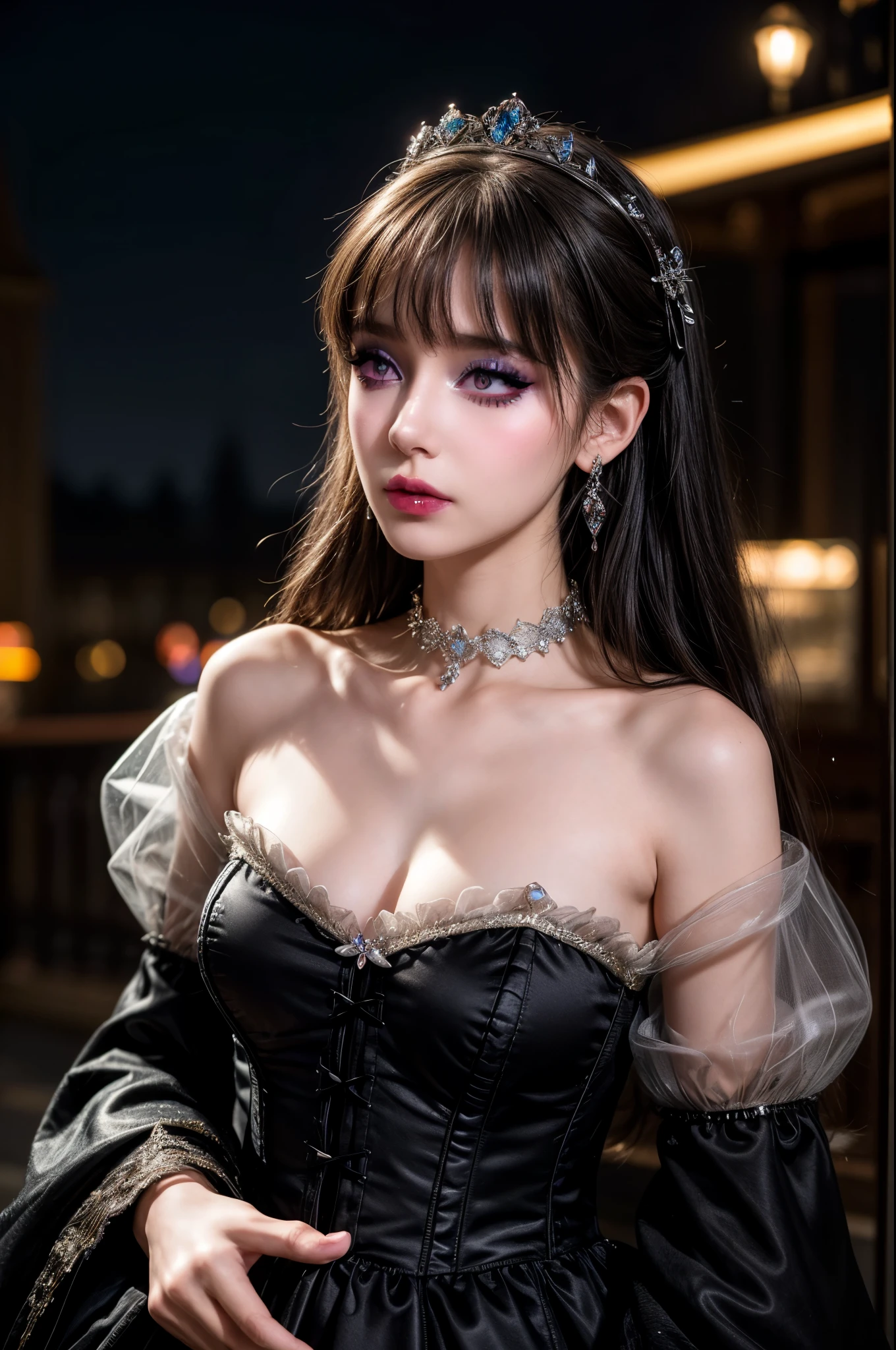 masterpiece,Highest quality,Realistic,High resolution,Very detailed,Blurred Background,One person,((Portraiture)),close,bangs,Fairy,Fairy ear,Crystal Earrings,((Crown)),crystal Crown,(Black Dress),(Juliet Sleeve),corset,red_bow,collar,((night)),fluorescent plant,Neon Light,