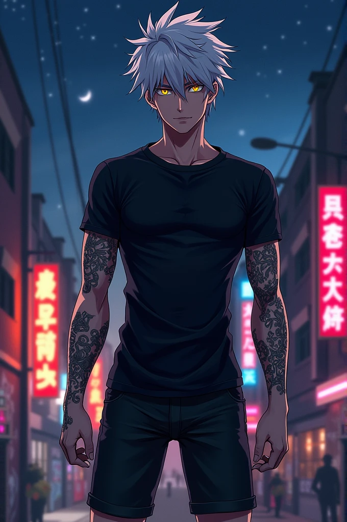 tall anime man, skinny but a bit muscular, by white, yellow eyes, black shirt and black shorts that go down to the knees.