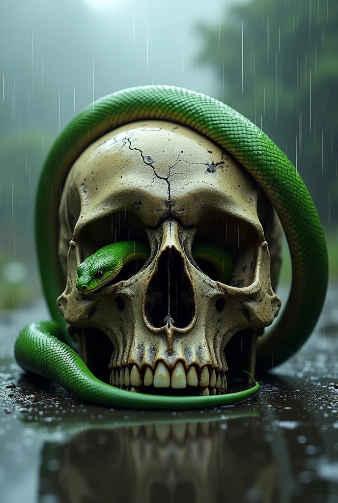 A skull with a snake crawling out of its eye when its raining and the snake is looking at me