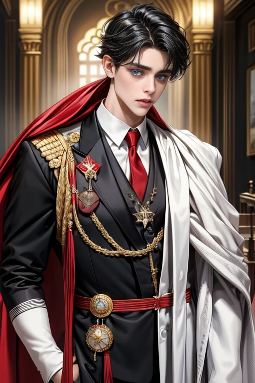 masterpiece, 最high quality, high quality, 1 boy, alone, Male focus, Upper Body,Watching the audience, Messy black hair, Adorable big blue eyes, White, Noble, Noble,A black and red cape that is bursting with sexy volume、Tuxedo、A very voluminous, large, very large, very large, long, long red and black cape with a high stand-up collar, made of a lot of fabric that reaches down to the floor., ,cute beautiful,Cute, cute, kind, handsome guy