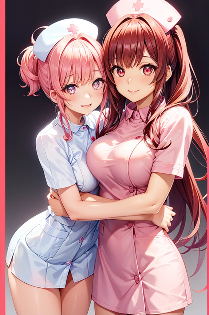 UHD, masterpiece, anatomically correct, super detail, high details, best quality, 8k,perfect beauty 2girls, oily skin, random Breast size、random hair style、random hair color,nurse uniform,nurse cap, crazy eyes, mismatched pupils, smile, anime style, retina,(hug),pink heart