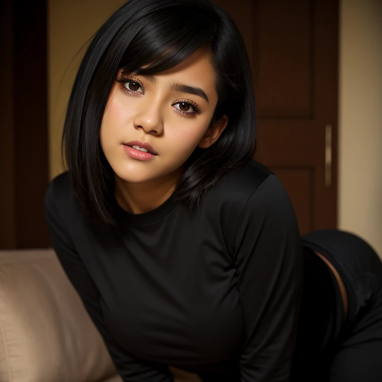 body photo, beautiful detailed, cute face, short, slim Guanajuato teen, short black hair, black hair over one eye, long sleeve T-shirt, long pants, fat wide hips, solo, voluptuous breasts,