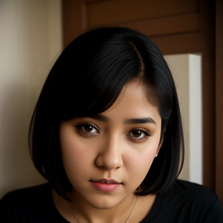 body photo, beautiful detailed, cute face, short, slim Guanajuato teen, short black hair, black hair over one eye, long sleeve T-shirt, long pants, fat wide hips, solo, voluptuous breasts,