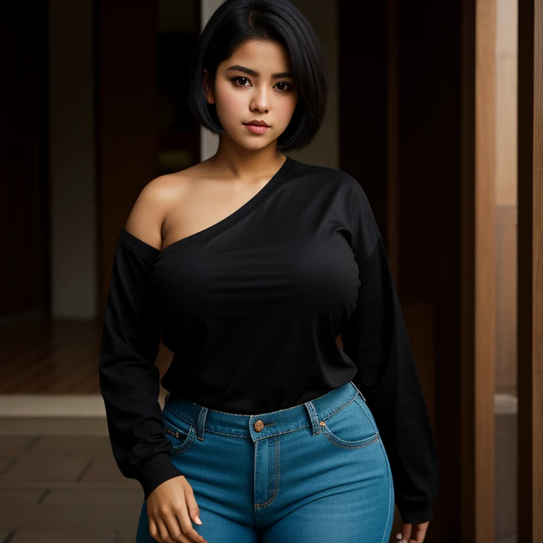 body photo, beautiful detailed, cute face, short, slim Guanajuato teen, short black hair, black hair over one eye, long sleeve T-shirt, long pants, fat wide hips, solo, voluptuous breasts,