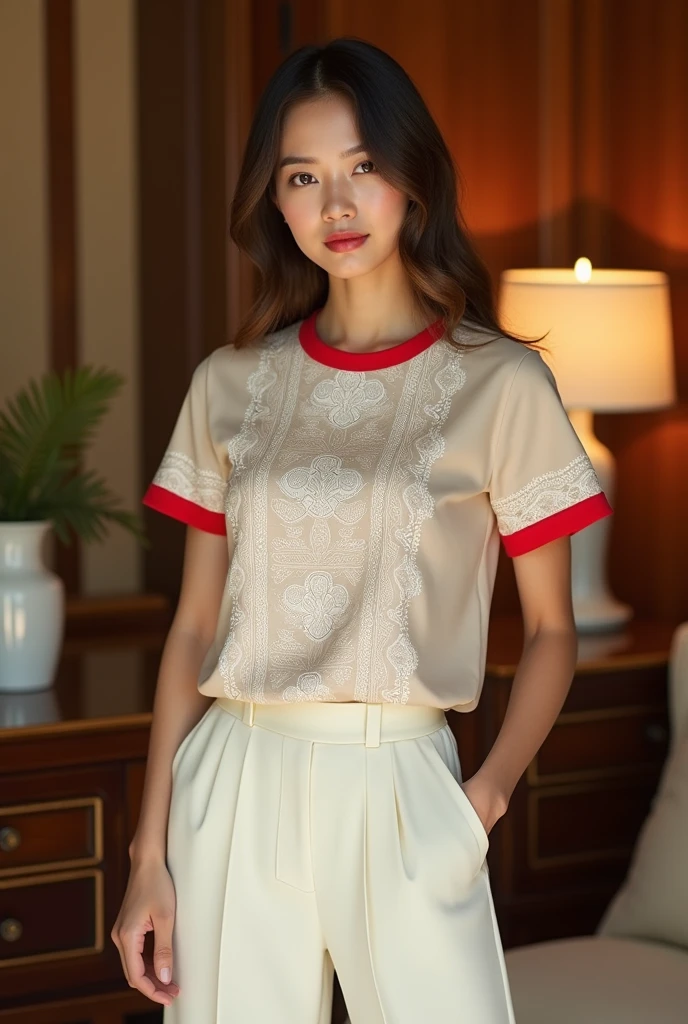 female model. modern style. wearing a light beige short-sleeved round-neck T-shirt with white Thai - Vietnamese ethnic brocade patterns. red, white, beige body. 2cm red collar. plain beige sleeves with 2cm red cuffs. plain cream A-line pants, side pockets. setting in a luxurious wooden interior room. cream walls. table, chair, lamp