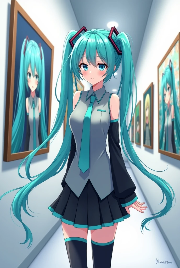 Anime art, anime style, detailed drawing, white background, high definition, high quality, one girl, solo, Miku Hatsune, aqua hair, twintails, headphones, 01 (red number tattoo on the left hand), grey shirt, collared shirt, sleveless shirt, black sleeves (aqua line), detached sleeves, five fingers, aqua nails, aqua necktie, black skirt (aqua line), pleated skirt, mini skirt, zettai ryouiki, thigh boots, black thigh-high (aqua line)

Expressive face, lifeful art, lifeful atsmosphere

Super fine anime art

Miku Hatsune walking in art gallery; she looks at the wall; there's a painting of her on the wall